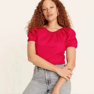 J.Crew V-back puff-sleeve stretch cotton poplin top in Hot Pink